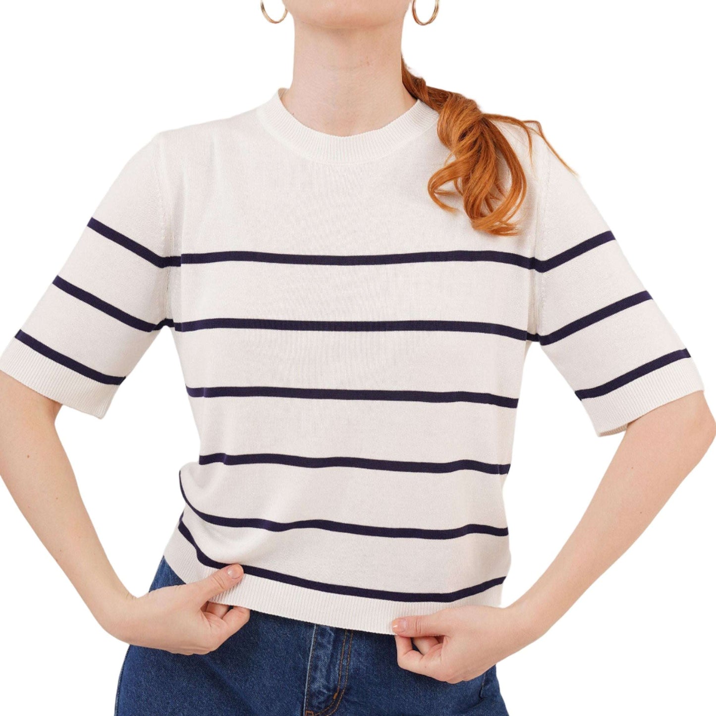 Ριγέ Μπλούζα Λευκό–Navy