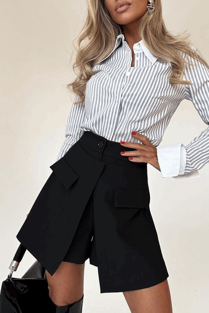 Ασύμμετρη Ψηλόμεση Φούστα-Σορτς με Κουμπιά & Τσέπες – Μαύρο