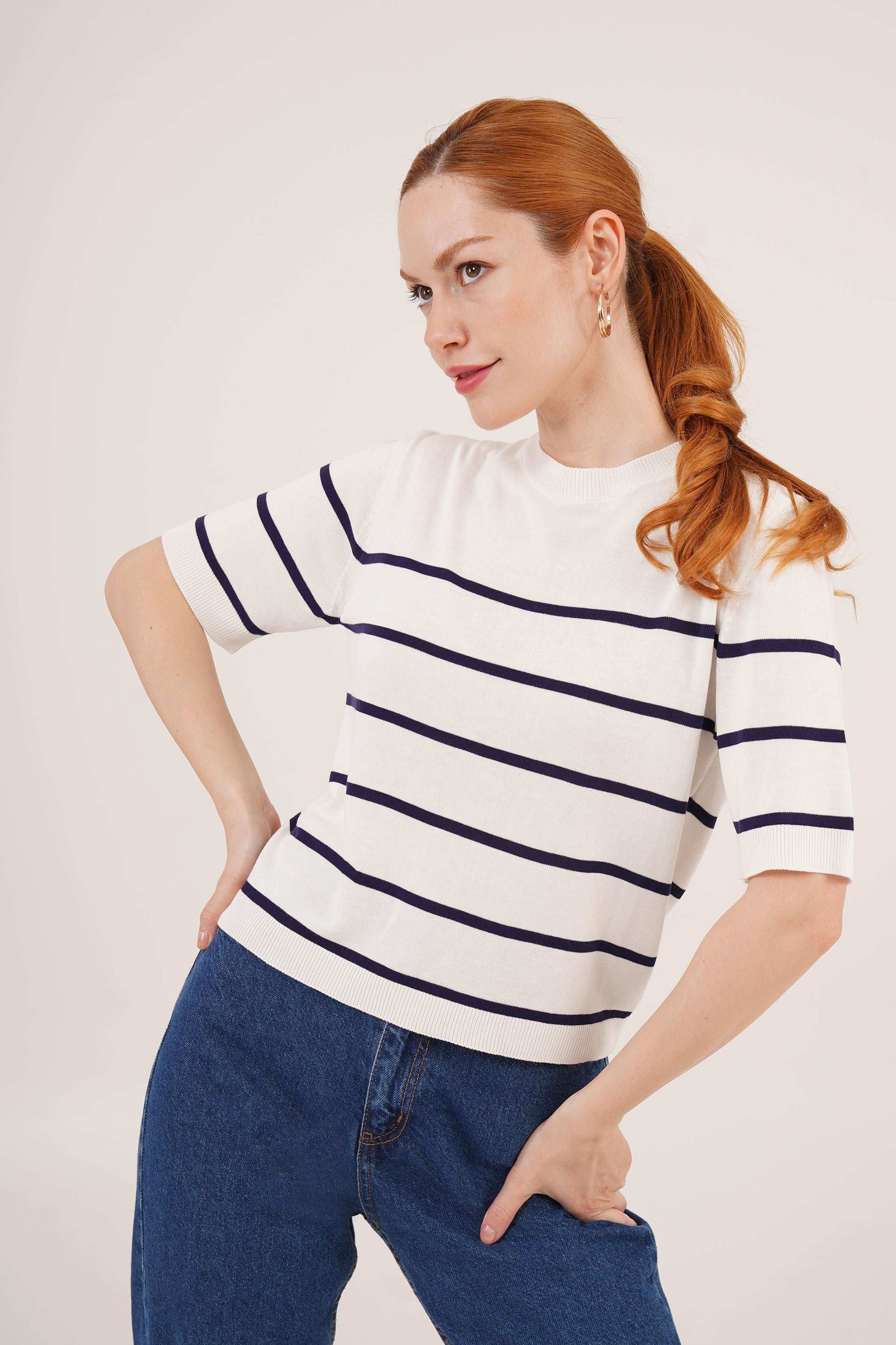 Ριγέ Μπλούζα Λευκό–Navy