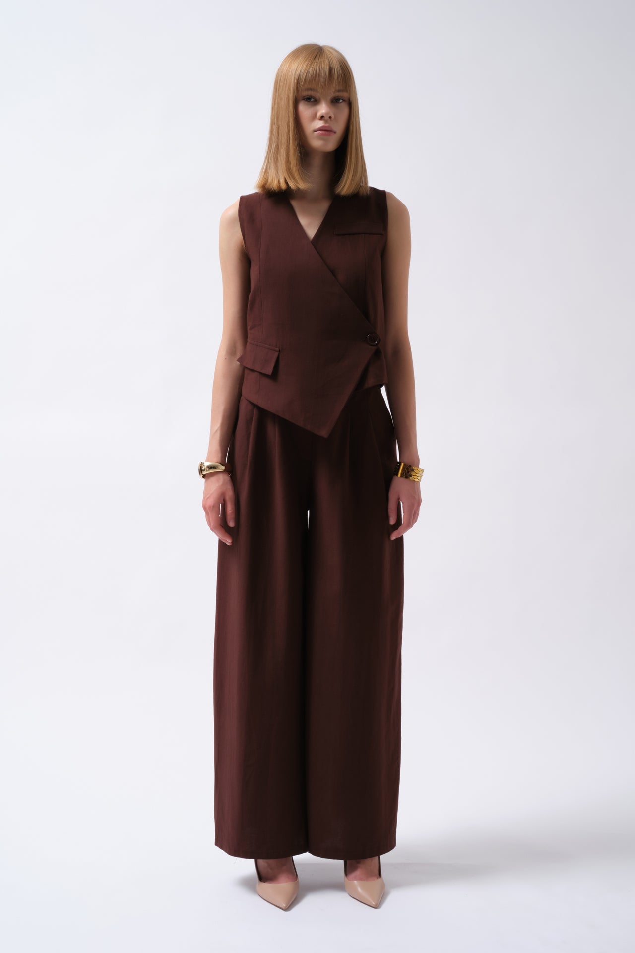 Καφέ Palazzo Παντελόνι με Φαρδιά Γραμμή – 100% Βαμβάκι