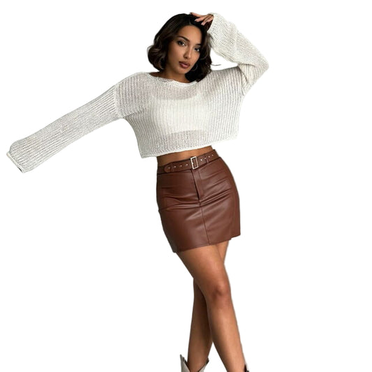 Μίνι Φούστα από Οικολογικό Δέρμα με Ζώνη – Κάμελ