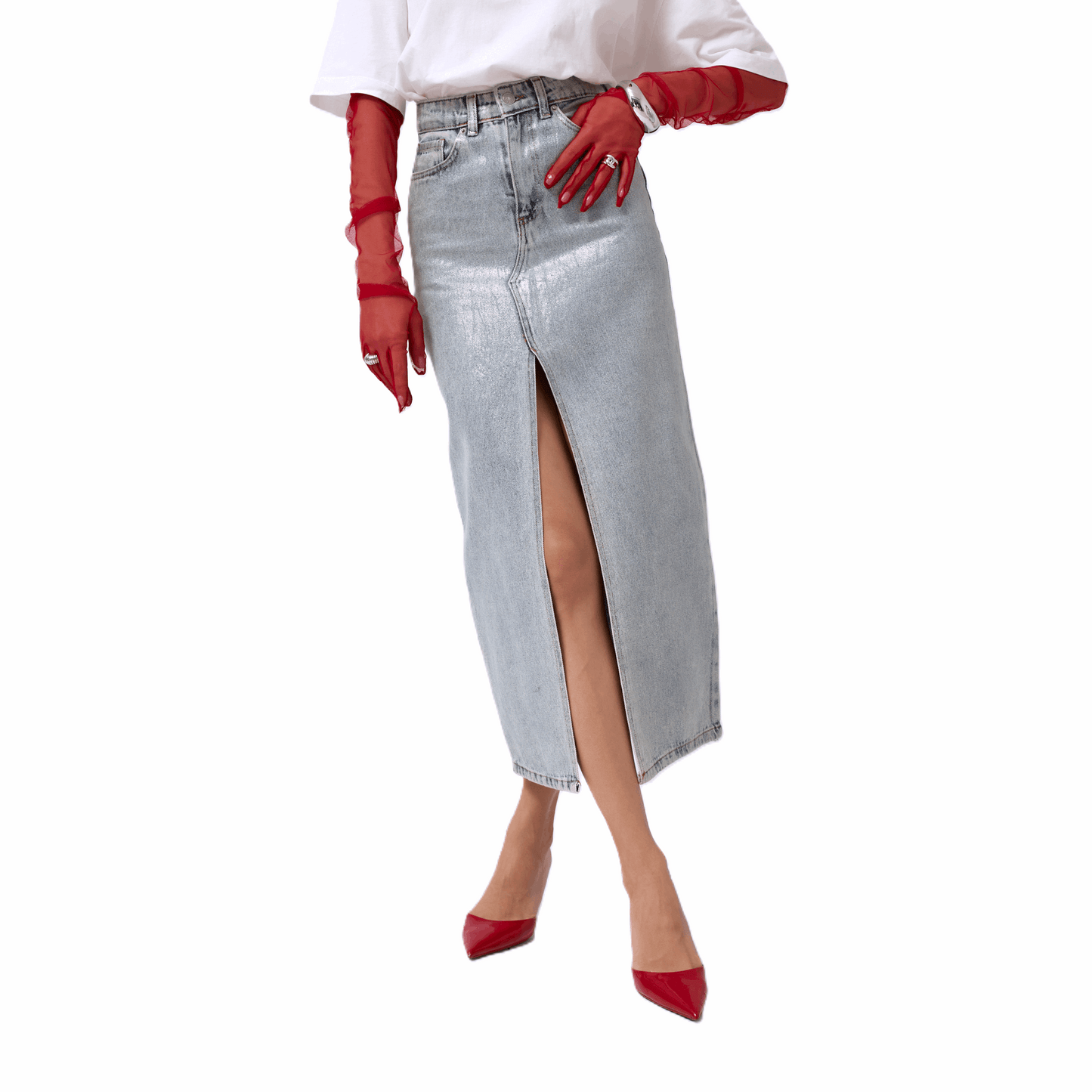 Μακριά Τζιν Φούστα με Σκίσιμο και Μεταλλική Λάμψη – Γκρι