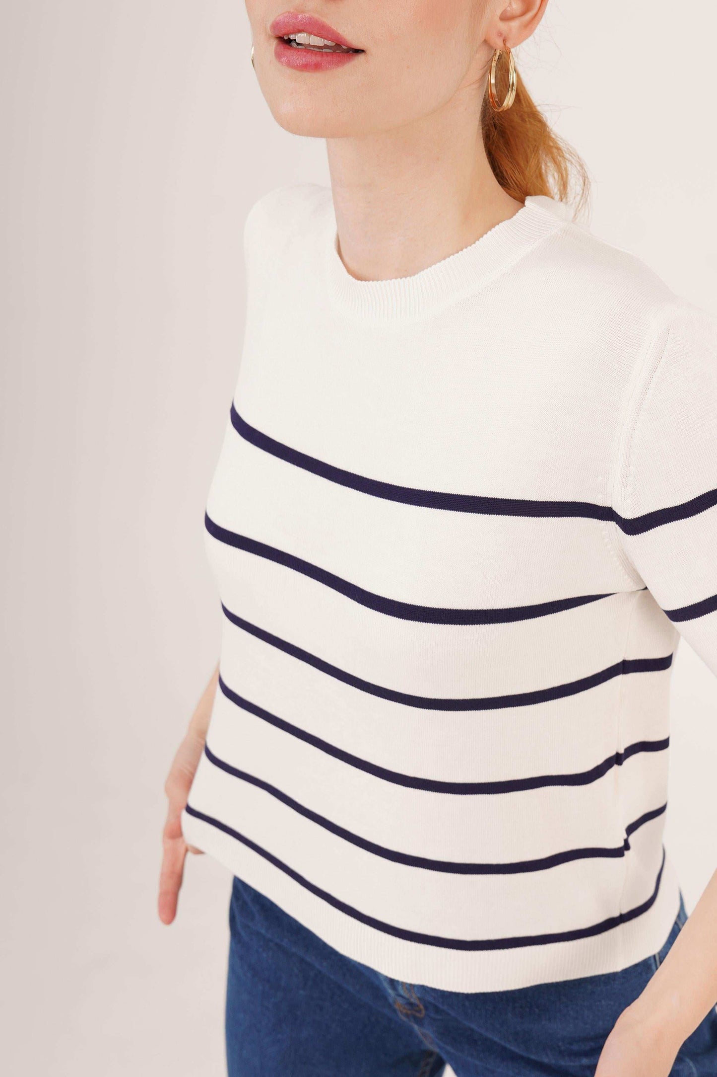 Ριγέ Μπλούζα Λευκό–Navy
