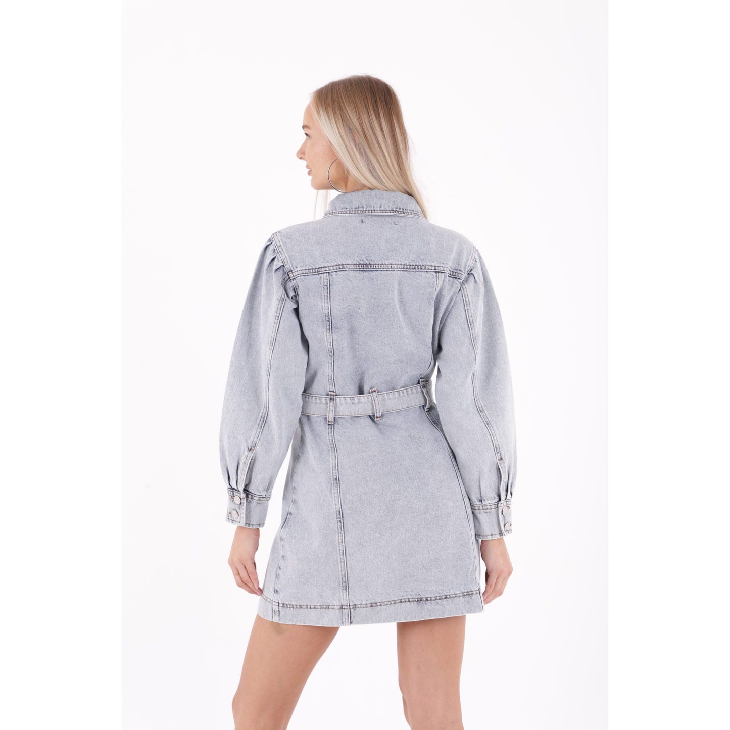 Φόρεμα τζιν με κουμπιά και μπαλονέ μανίκια  – Ανοιχτό γκρί