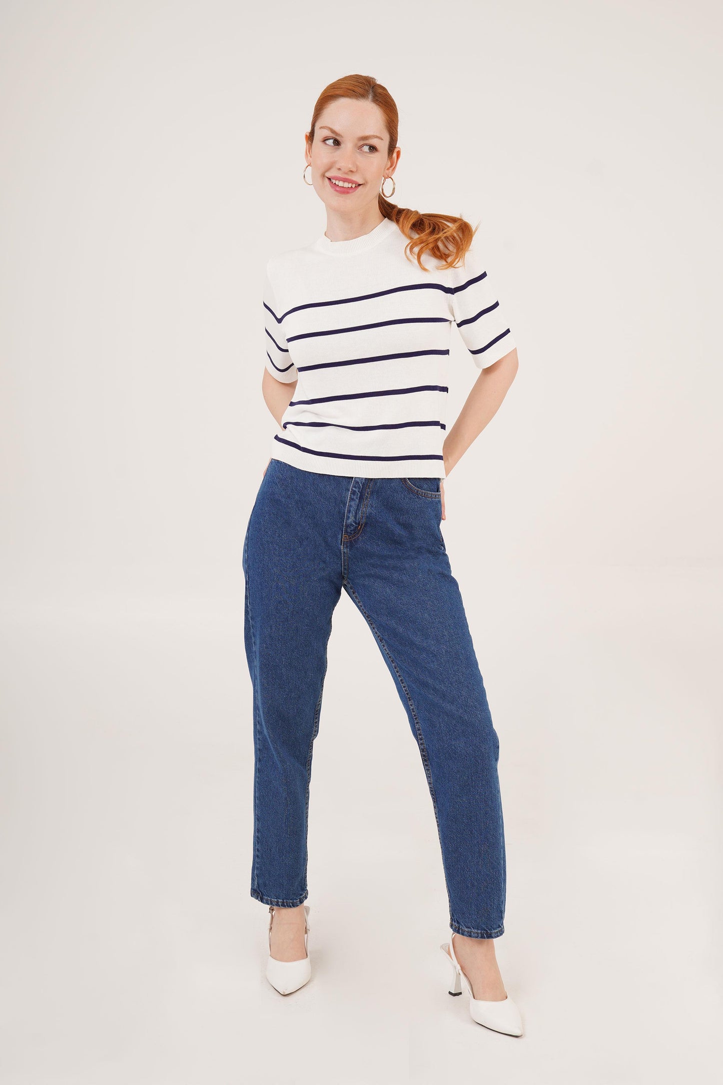 Ριγέ Μπλούζα Λευκό–Navy