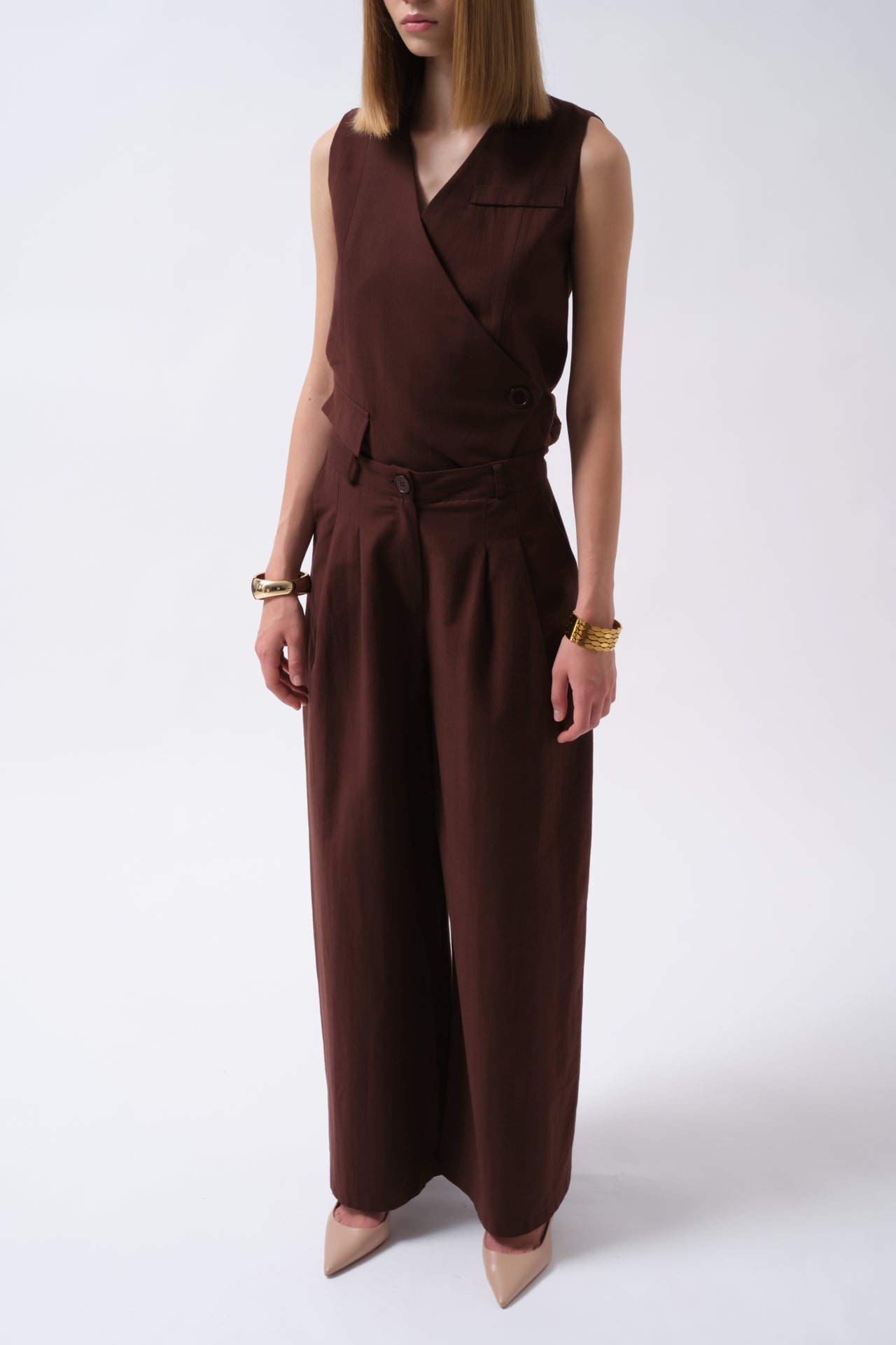 Καφέ Palazzo Παντελόνι με Φαρδιά Γραμμή – 100% Βαμβάκι