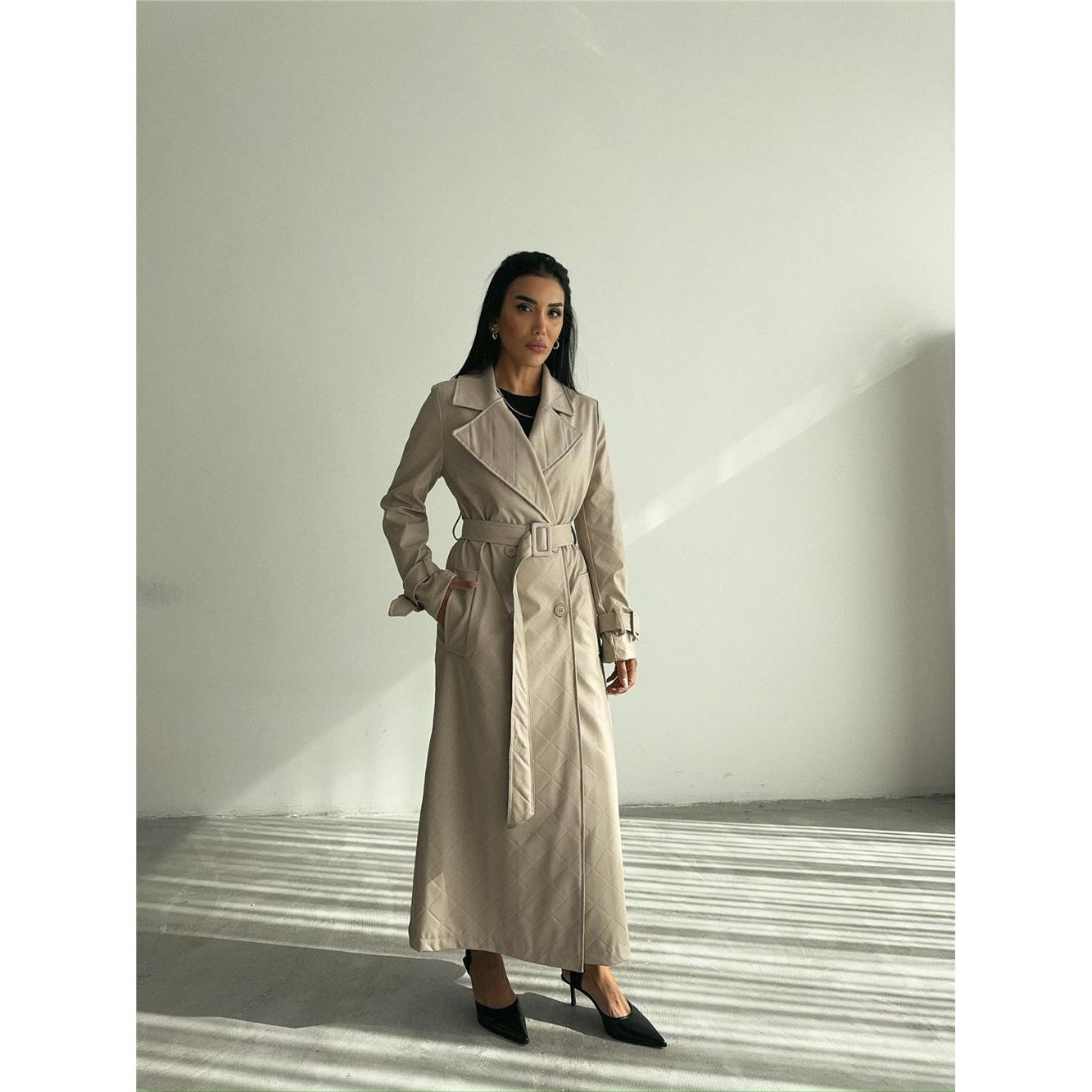 Καπιτονέ Καμπαρντίνα Δερματίνης με Ζώνη – Μπεζ