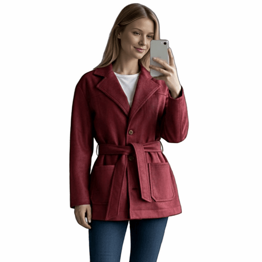 Γυναικείο Alcantara Ζακέτο-Παλτό με Ζώνη – Μπορντό