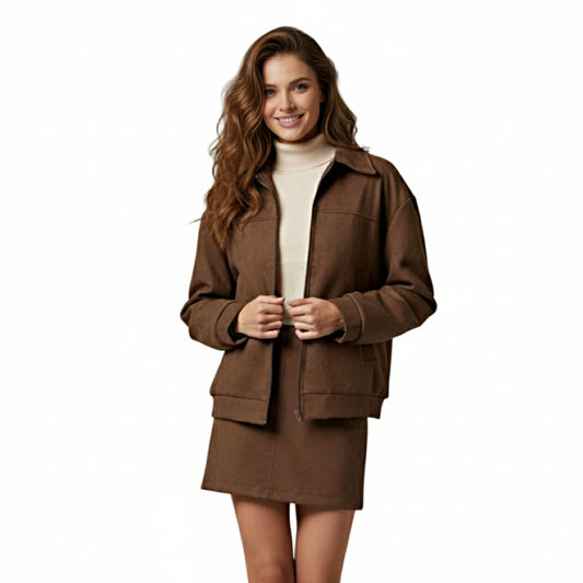 Σετ Alcantara Bomber Jacket & Μίνι Φούστα με Εσωτερικό Σορτσάκι