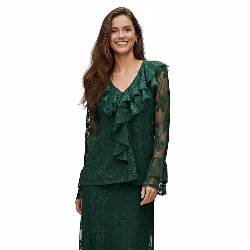 Σμαραγδί Σετ Δαντέλας Μπλούζα & Μάξι Φούστα