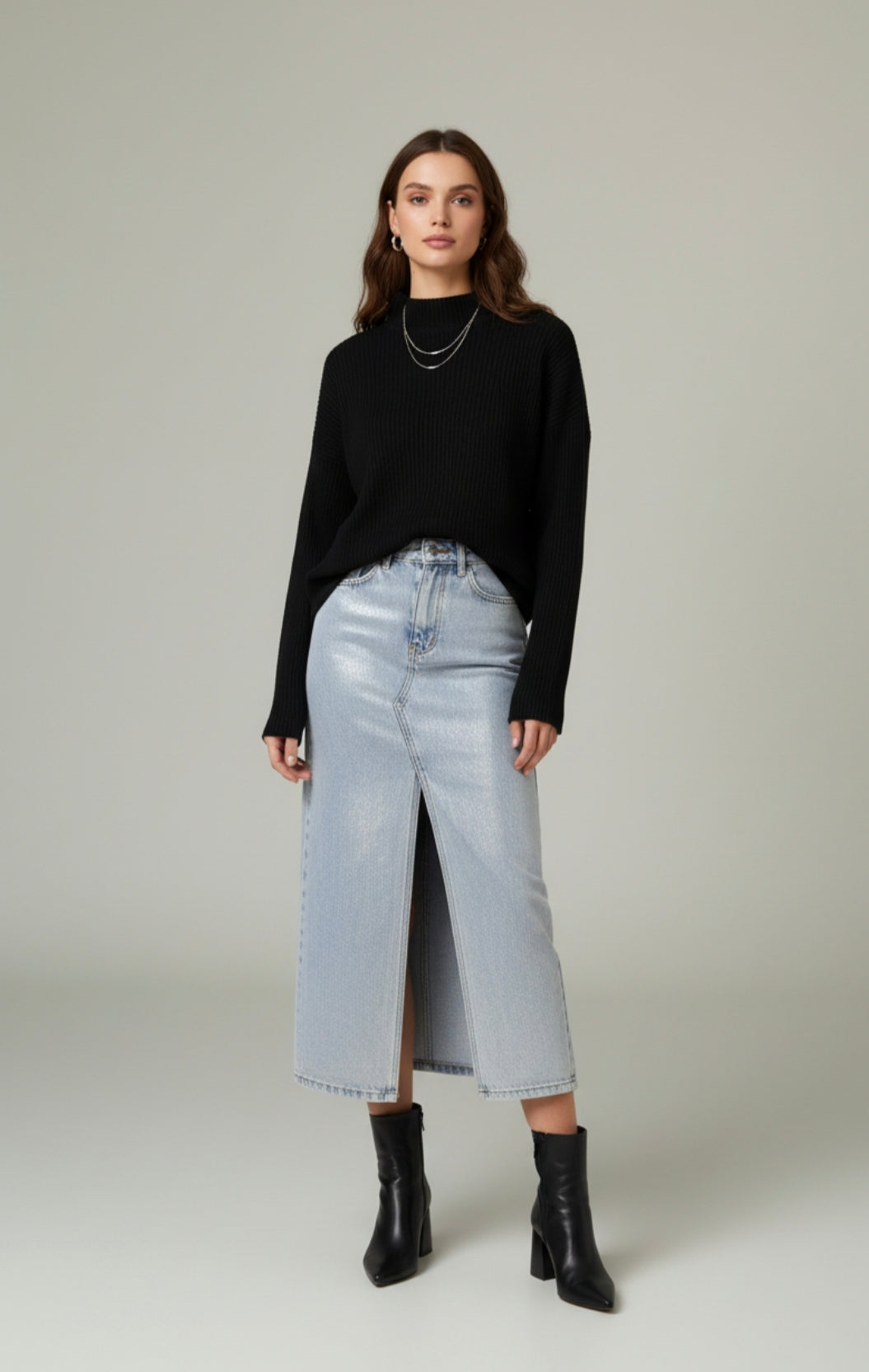 Μακριά Τζιν Φούστα με Σκίσιμο και Μεταλλική Λάμψη – Γκρι