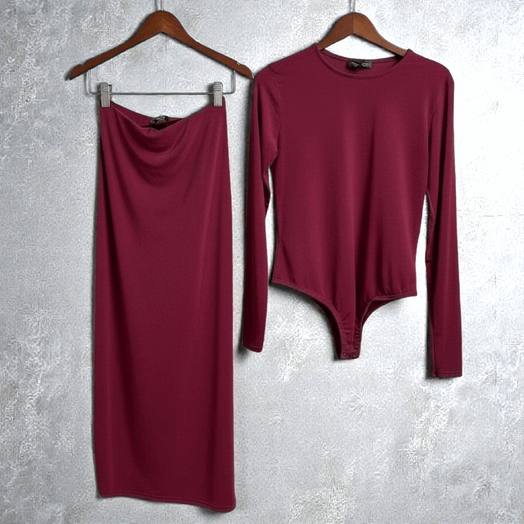 Γυναικείο Σετ Μακριά Φούστα & Κορμάκι με Μακριά Μανίκια – Μπορντό