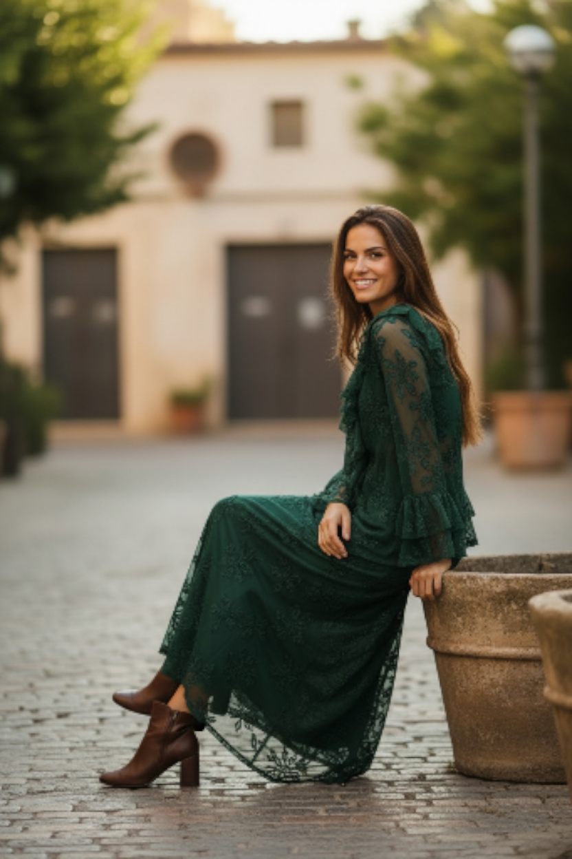 Σμαραγδί Σετ Δαντέλας Μπλούζα & Μάξι Φούστα