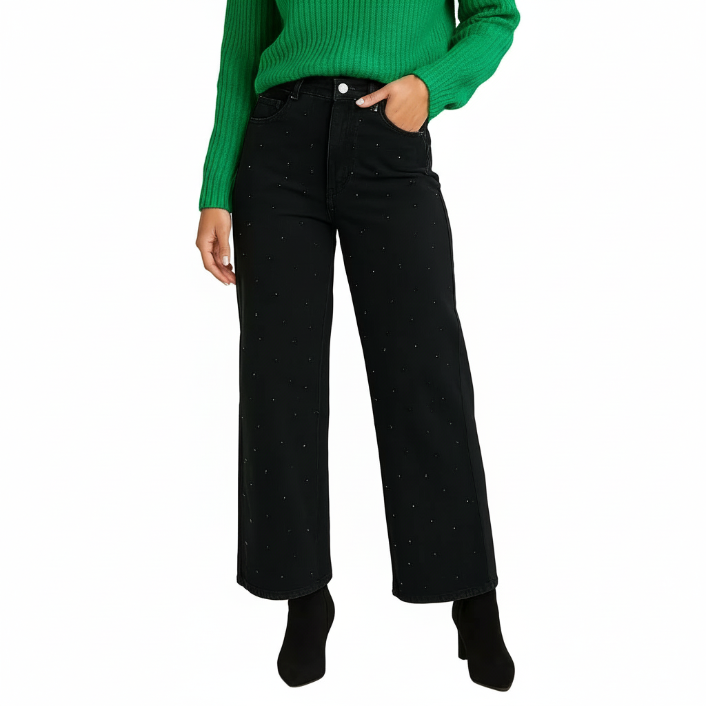 Μαύρο Φαρδύ Τζιν με Διακριτικές Παγιέτες