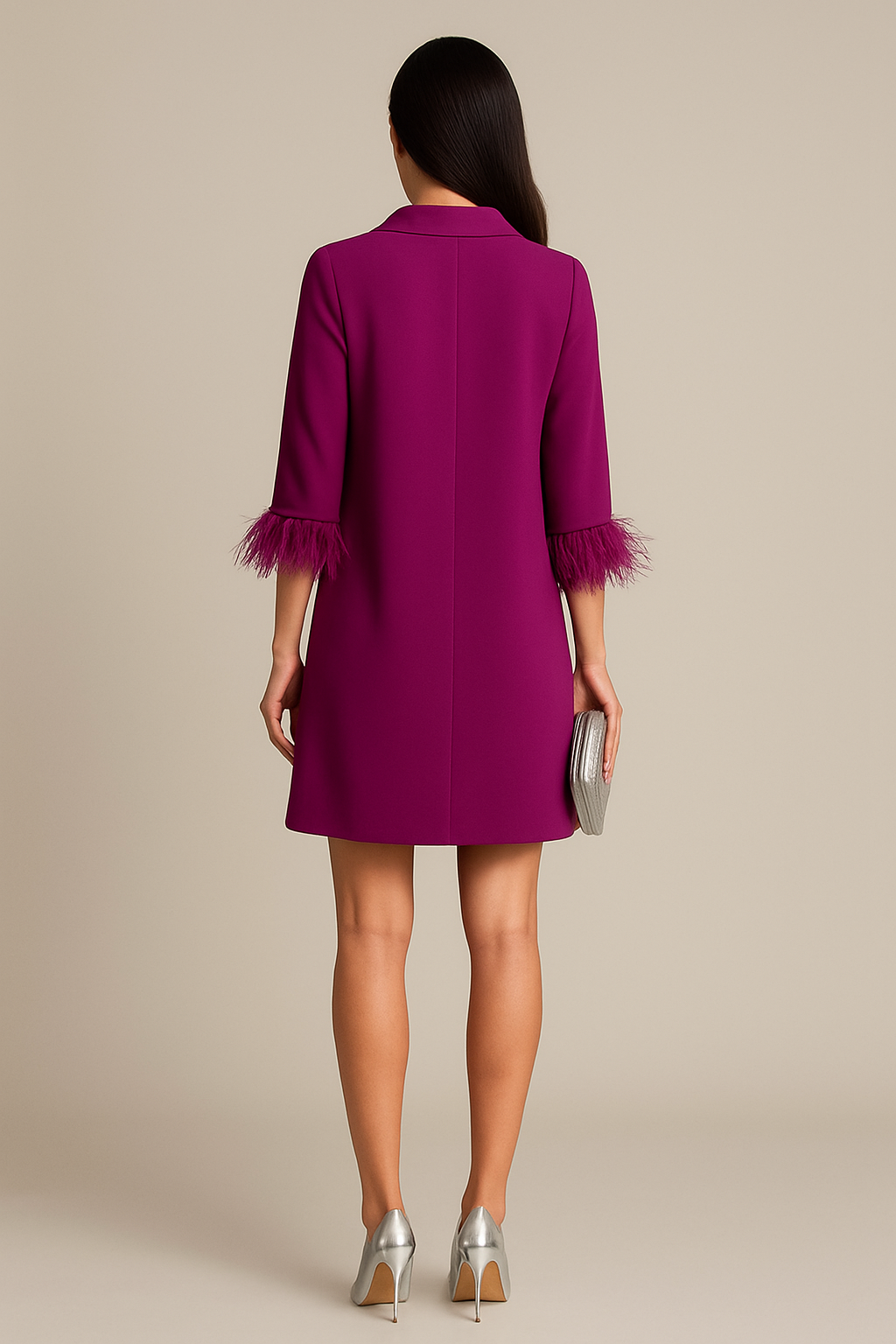 Φόρεμα Φούξια με Πούπουλα στα Μανίκια